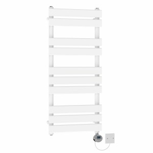 Juva 1000 x 450mm White Flat Panel Electric Towel Rail with Chrome LCD Display Thermostatic Element