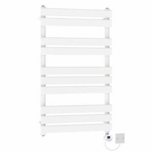 Juva 1000 x 600mm White Flat Panel Electric Towel Rail with White LCD Display Thermostatic Element
