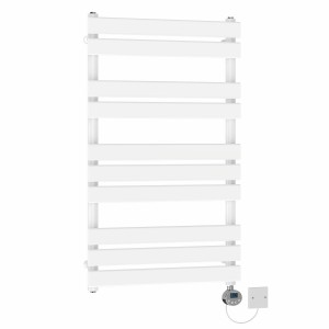 Juva 1000 x 600mm White Flat Panel Electric Towel Rail with Chrome LCD Display Thermostatic Element