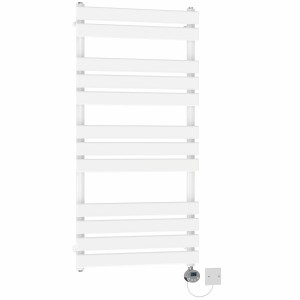 Juva 1200 x 600mm White Flat Panel Electric Towel Rail with Chrome LCD Display Thermostatic Element