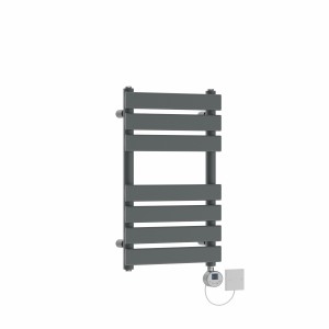 Juva 650 x 400mm Sand Grey Flat Panel Electric Towel Rail with Chrome LCD Display Thermostatic Element