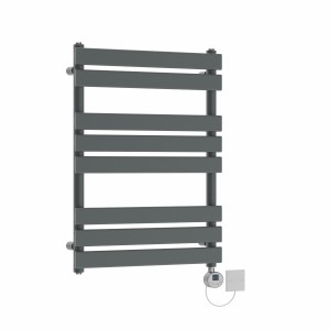 Juva 800 x 600mm Sand Grey Flat Panel Electric Towel Rail with Chrome LCD Display Thermostatic Element