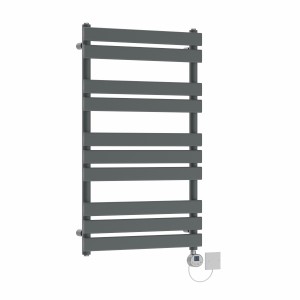 Juva 1000 x 600mm Sand Grey Flat Panel Electric Towel Rail with Chrome LCD Display Thermostatic Element