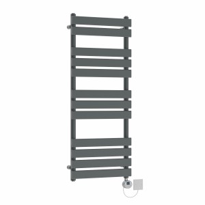 Juva 1200 x 500mm Sand Grey Flat Panel Electric Towel Rail with Chrome LCD Display Thermostatic Element