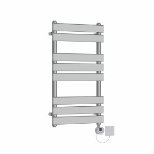 Juva 800 x 450mm Chrome Flat Panel Electric Towel Rail with Chrome LCD Display Thermostatic Element