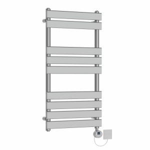 Juva 950 x 500mm Chrome Flat Panel Electric Towel Rail with Chrome LCD Display Thermostatic Element