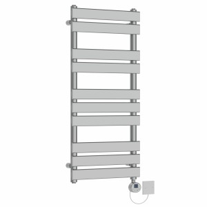 Juva 1000 x 450mm Chrome Flat Panel Electric Towel Rail with Chrome LCD Display Thermostatic Element