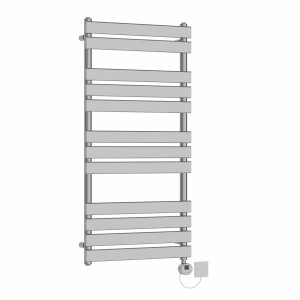 Juva 1200 x 600mm Chrome Flat Panel Electric Towel Rail with Chrome LCD Display Thermostatic Element