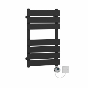 Juva 650 x 400mm Satin Black Flat Panel Electric Towel Rail with Chrome LCD Display Thermostatic Element