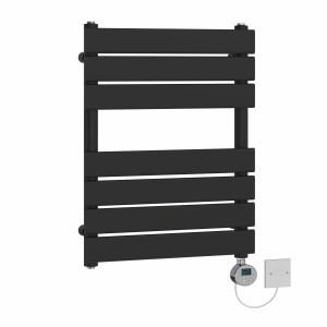 Juva 650 x 500mm Satin Black Flat Panel Electric Towel Rail with Chrome LCD Display Thermostatic Element