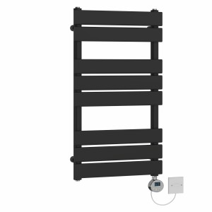 Juva 800 x 450mm Satin Black Flat Panel Electric Towel Rail with Chrome LCD Display Thermostatic Element