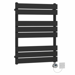 Juva 800 x 600mm Satin Black Flat Panel Electric Towel Rail with Chrome LCD Display Thermostatic Element