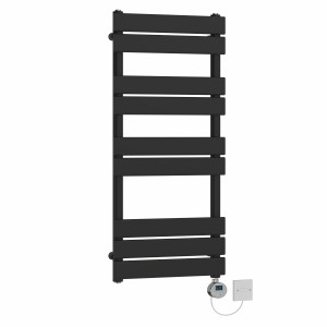 Juva 1000 x 450mm Satin Black Flat Panel Electric Towel Rail with Chrome LCD Display Thermostatic Element