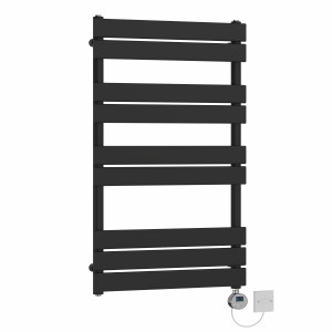 Juva 1000 x 600mm Satin Black Flat Panel Electric Towel Rail with Chrome LCD Display Thermostatic Element