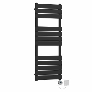 Juva 1200 x 450mm Satin Black Flat Panel Electric Towel Rail with Chrome LCD Display Thermostatic Element