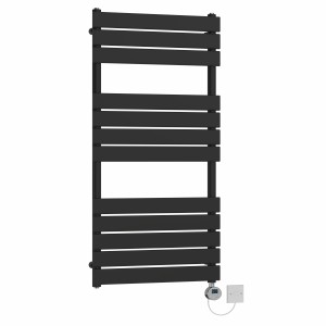 Juva 1200 x 600mm Satin Black Flat Panel Electric Towel Rail with Chrome LCD Display Thermostatic Element