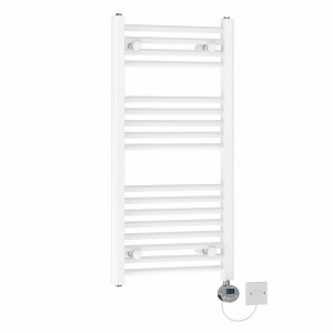 Bergen 900 x 450mm Straight White Electric Towel Rail with Chrome LCD Display Thermostatic Element