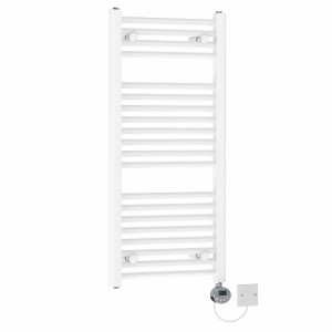 Bergen 970 x 450mm Straight White Electric Towel Rail with Chrome LCD Display Thermostatic Element