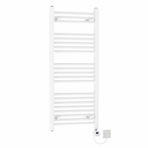Bergen 1150 x 500mm Straight White Electric Towel Rail with White LCD Display Thermostatic Element