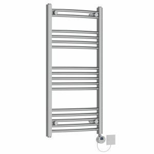 Fjord 1000 x 500mm Curved Chrome Electric Towel Rail with Chrome LCD Display Thermostatic Element