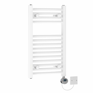 Fjord 700 x 400mm Curved White Electric Towel Rail with Chrome LCD Display Thermostatic Element