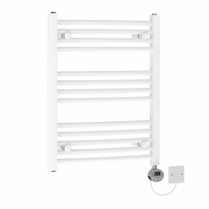 Fjord 700 x 550mm Curved White Electric Towel Rail with Chrome LCD Display Thermostatic Element