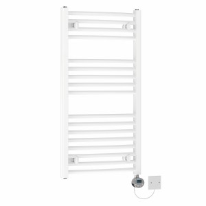 Fjord 961 x 500mm Curved White Electric Towel Rail with Chrome LCD Display Thermostatic Element