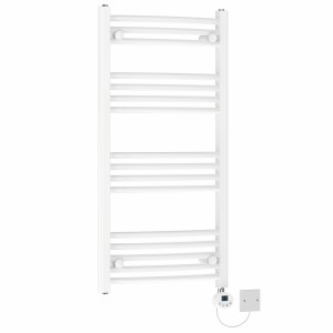 Fjord 1000 x 500mm Curved White Electric Towel Rail with White LCD Display Thermostatic Element