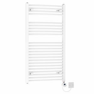 Fjord 1100 x 600mm Curved White Electric Towel Rail with White LCD Display Thermostatic Element