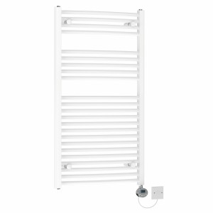 Fjord 1100 x 600mm Curved White Electric Towel Rail with Chrome LCD Display Thermostatic Element