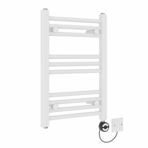 Bergen 600 x 400mm Straight White Thermostatic Electric Heated Towel Rail with Black Terma Element