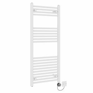Bergen 1200 x 500mm Straight White Thermostatic Electric Heated Towel Rail with Black Terma Element