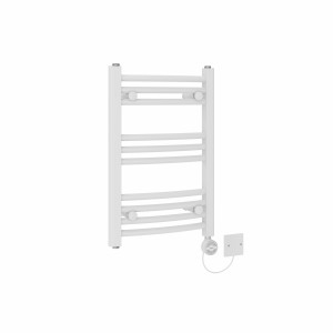 Fjord 600 x 400mm Curved White Thermostatic Electric Heated Towel Rail with White Terma Element