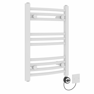 Fjord 600 x 400mm Curved White Thermostatic Electric Heated Towel Rail with Black Terma Element