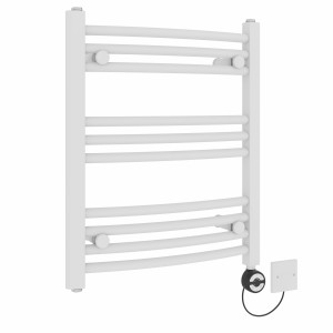 Fjord 600 x 500mm Curved White Thermostatic Electric Heated Towel Rail with Black Terma Element