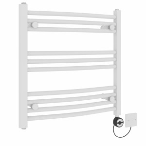 Fjord 600 x 600mm Curved White Thermostatic Electric Heated Towel Rail with Black Terma Element