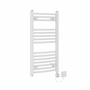 Fjord 800 x 400mm Curved White Thermostatic Electric Heated Towel Rail with White Terma Element