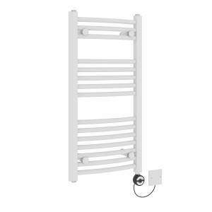 Fjord 800 x 400mm Curved White Thermostatic Electric Heated Towel Rail with Black Terma Element