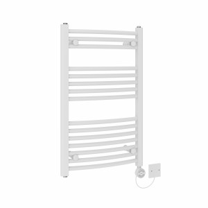 Fjord 800 x 500mm Curved White Thermostatic Electric Heated Towel Rail with White Terma Element