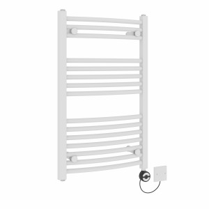 Fjord 800 x 500mm Curved White Thermostatic Electric Heated Towel Rail with Black Terma Element