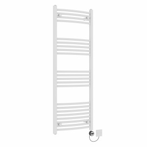 Fjord 1400 x 500mm Curved White Thermostatic Electric Heated Towel Rail with Black Terma Element
