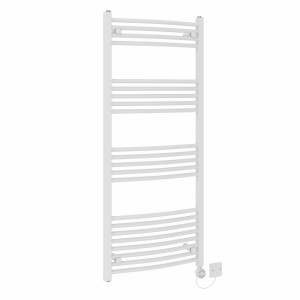 Fjord 1400 x 600mm Curved White Thermostatic Electric Heated Towel Rail with White Terma Element