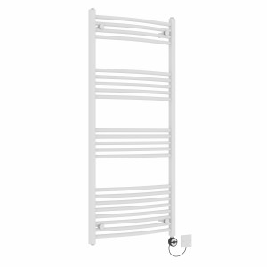 Fjord 1400 x 600mm Curved White Thermostatic Electric Heated Towel Rail with Black Terma Element
