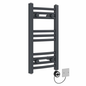 Fjord 600 x 300mm Curved Anthracite Thermostatic Electric Heated Towel Rail with Black Terma Element