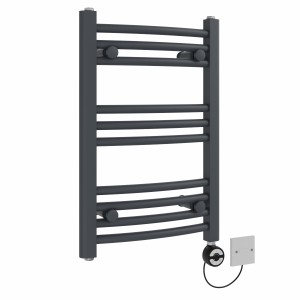 Fjord 600 x 400mm Curved Anthracite Thermostatic Electric Heated Towel Rail with Black Terma Element