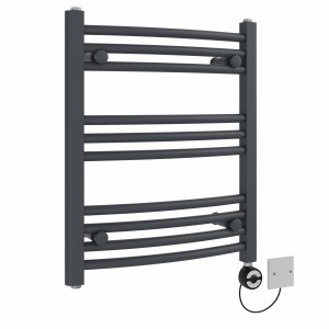 Fjord 600 x 500mm Curved Anthracite Thermostatic Electric Heated Towel Rail with Black Terma Element