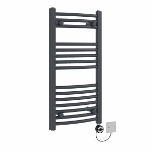 Fjord 800 x 400mm Curved Anthracite Thermostatic Electric Heated Towel Rail with Black Terma Element