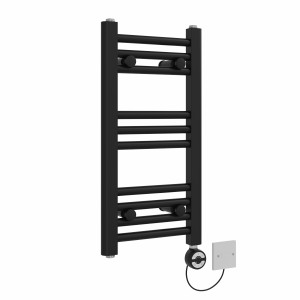Bergen 600 x 300mm Straight Black Thermostatic Electric Heated Towel Rail with Black Terma Element