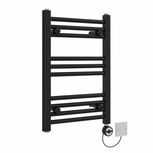 Bergen 600 x 400mm Straight Black Thermostatic Electric Heated Towel Rail with Black Terma Element
