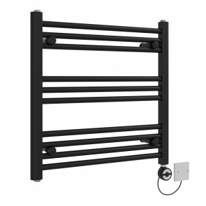 Bergen 600 x 600mm Straight Black Thermostatic Electric Heated Towel Rail with Black Terma Element